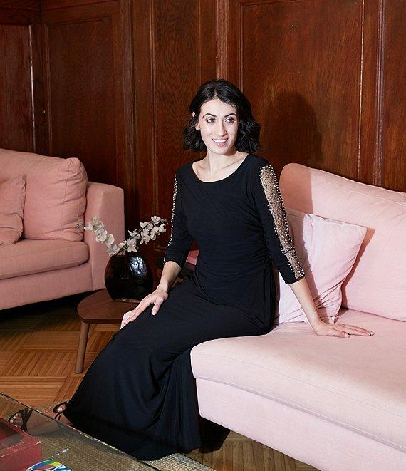 Ignite Evenings Petite Size Boat Neck 3/4 Embellished Sleeve Ruched Waist Sheath Dress Product Image