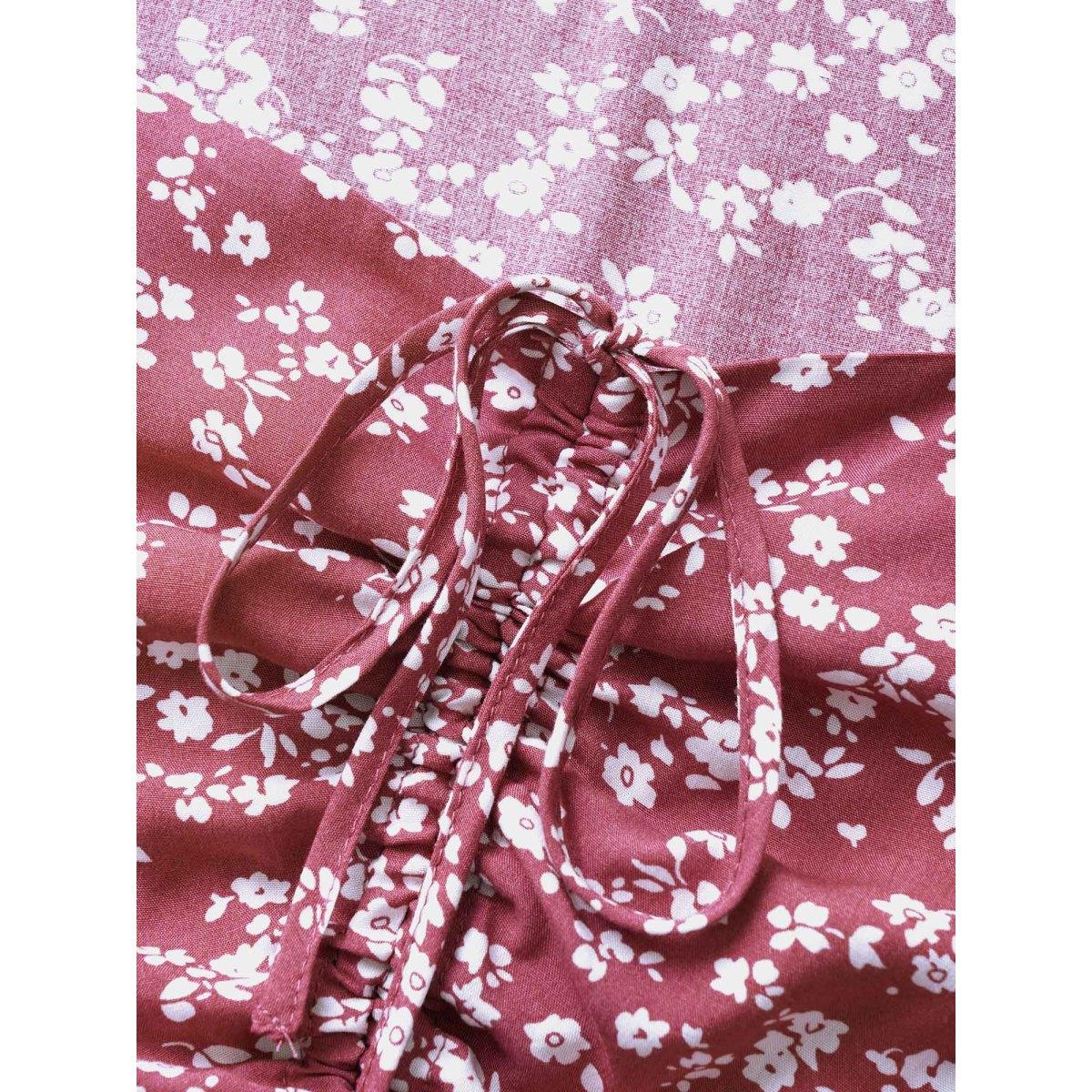 Plus Size RedViolet Ditsy Floral Heart Neckline Drawstring Tie Knot Blouse Women Elegant Short sleeve Heart neckline Everyday Blouses BloomChic 12/L Product Image