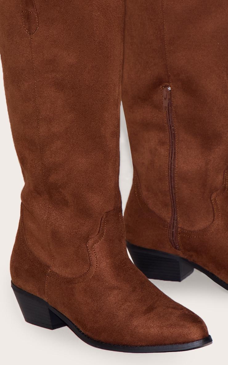Chocolate Wide Fit Faux Suede Point Toe Knee High Western Boots Product Image