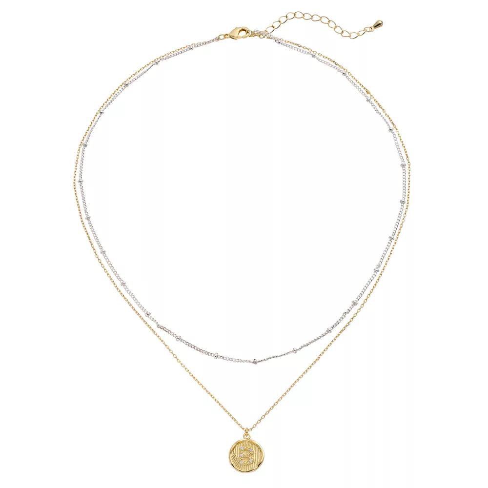 City Luxe Two Tone Layered Initial Disc Necklace with Cubic Zirconia, Women's, Size: 18", Two Tone S Product Image