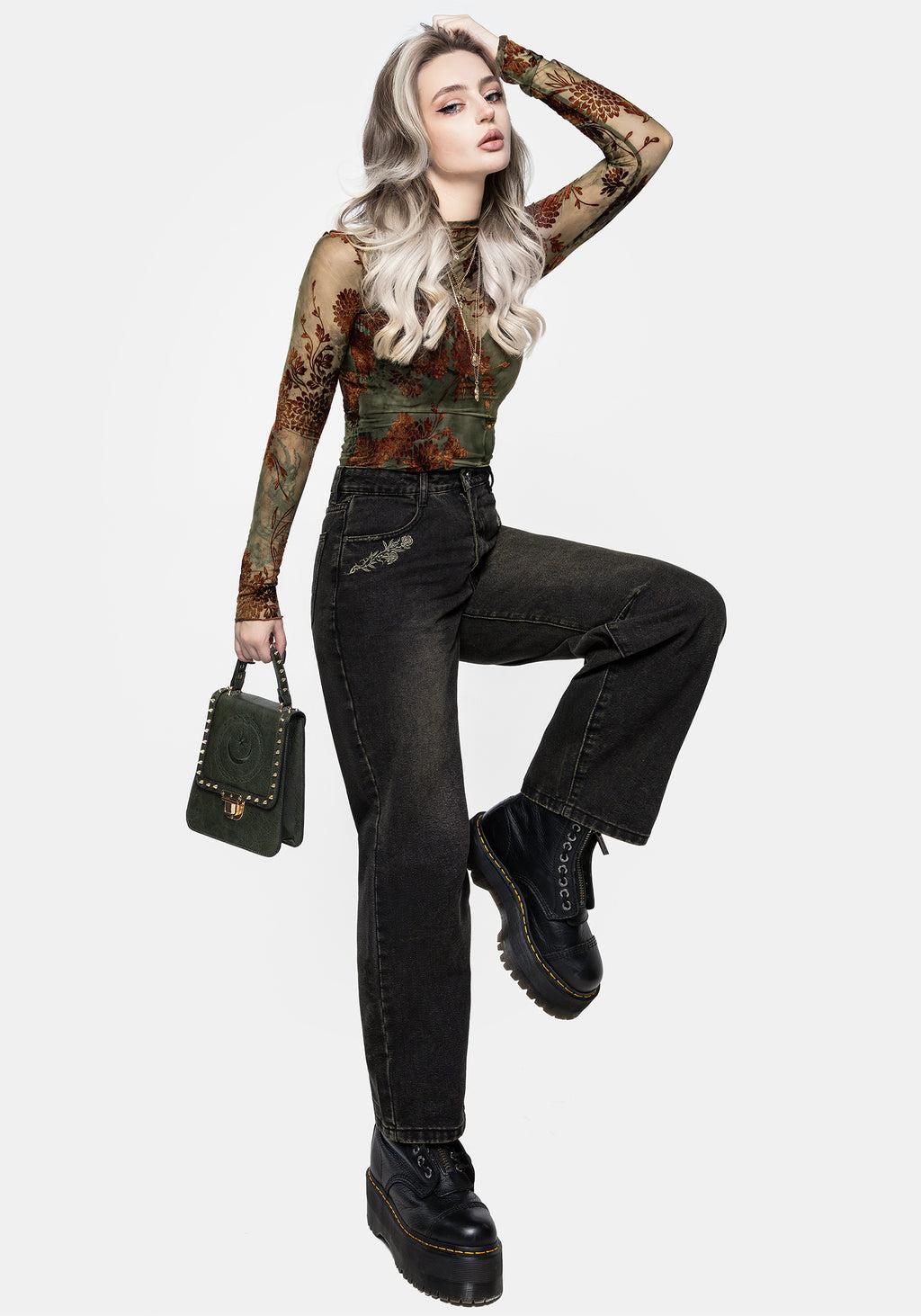 Veltha Floral Embroidered Denim Barrel Leg Jeans Product Image