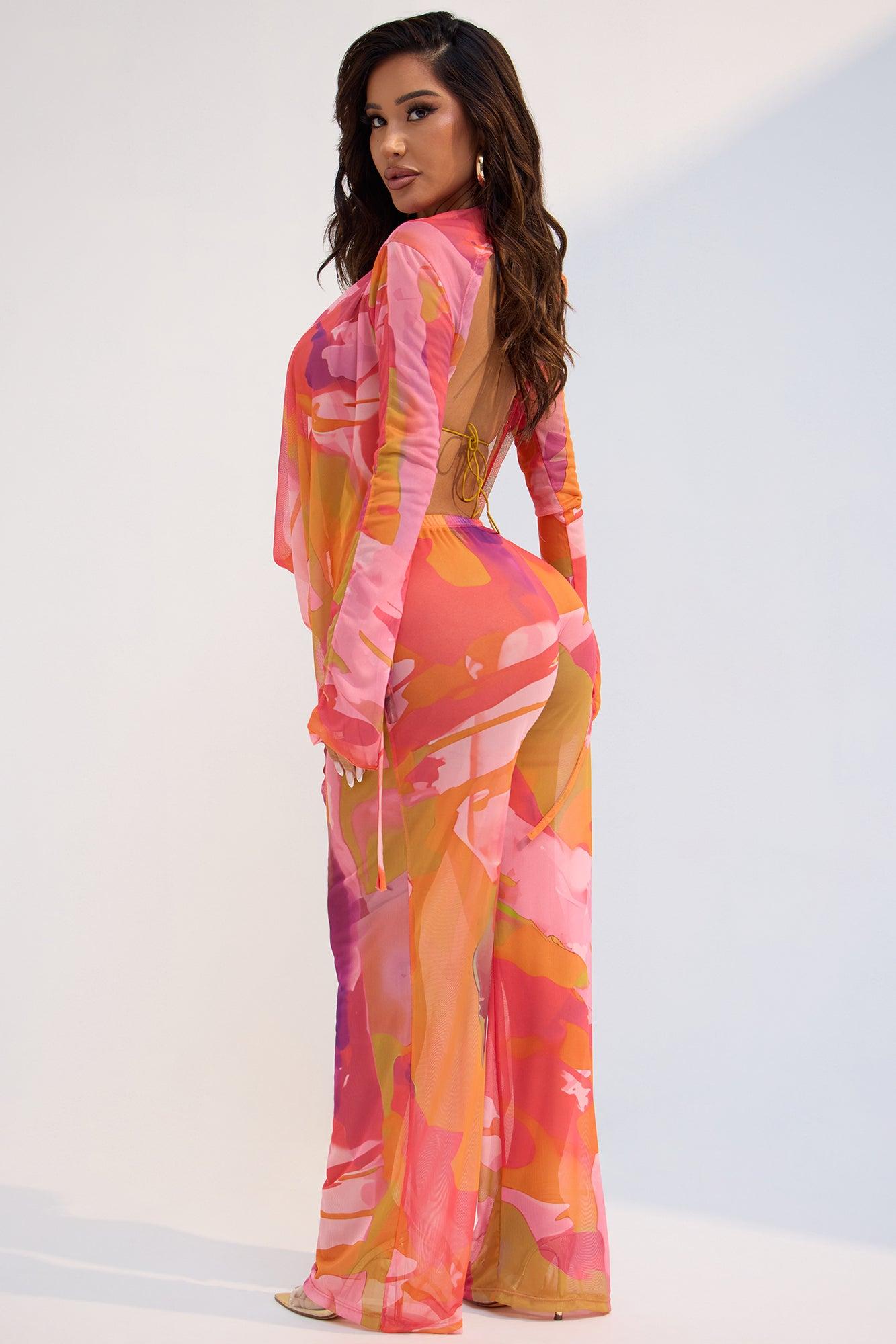 Summer Muse Cowl Neck Mesh Cover Up Pants Set - Orange/combo Product Image