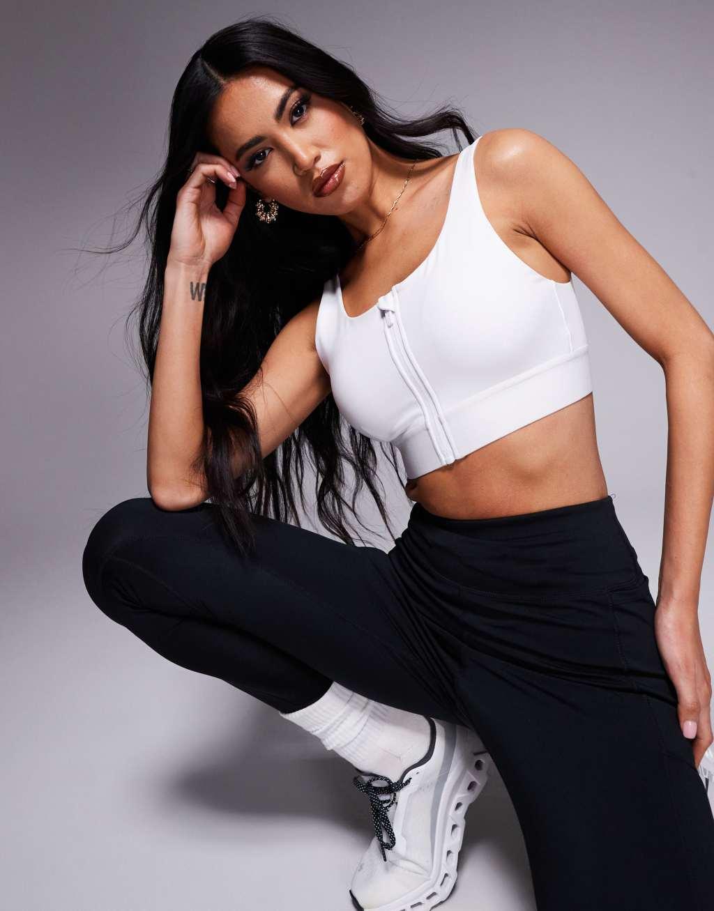 4505 Icon high support zip front sports bra with adjustable straps and removable padding in white  Product Image