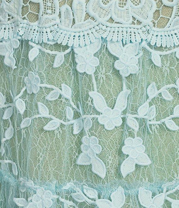 Adrianna Papell Floral Lace Embroidery V-Neck Short Sleeve Tiered Mini A-Line Dress Product Image