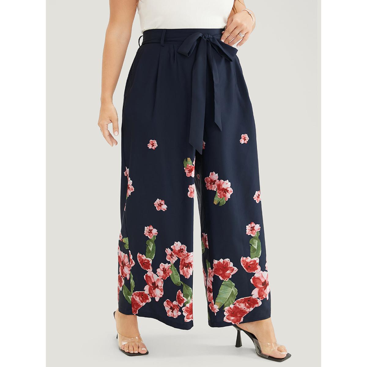 Plus Size Floral Wide Leg Pocket Pleated Detail Belt Pants Women Midnight Elegant Mid Rise Dailywear Pants BloomChic 14-16/1X Product Image