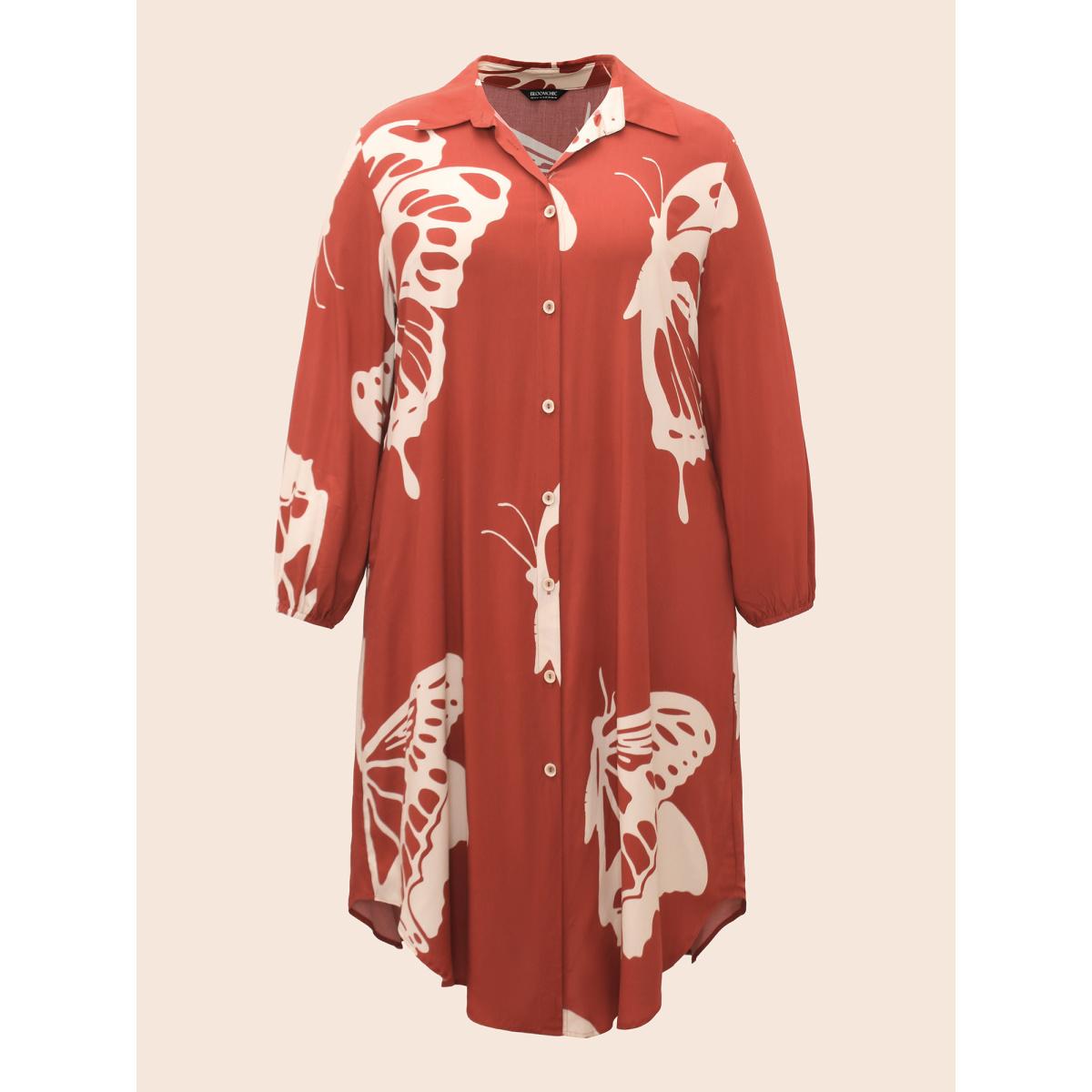 Plus Size Butterfly Print Curved Hem Midi Dress Rust Women Elegant Button Shirt collar Long Sleeve Curvy BloomChic 22-24/3X Product Image