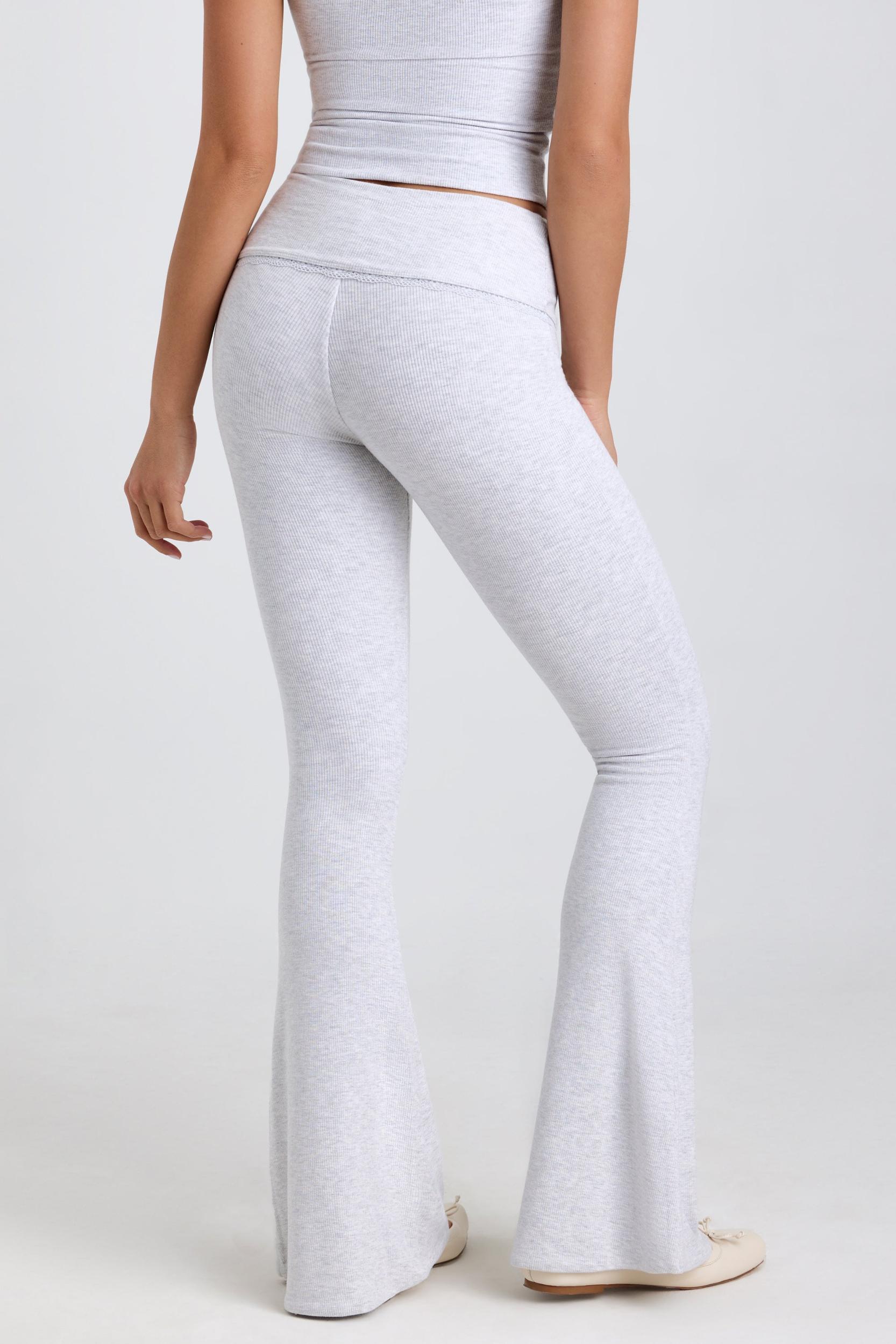 Ribbed Modal Mid-Rise Foldover Flared Trousers in Grey Product Image