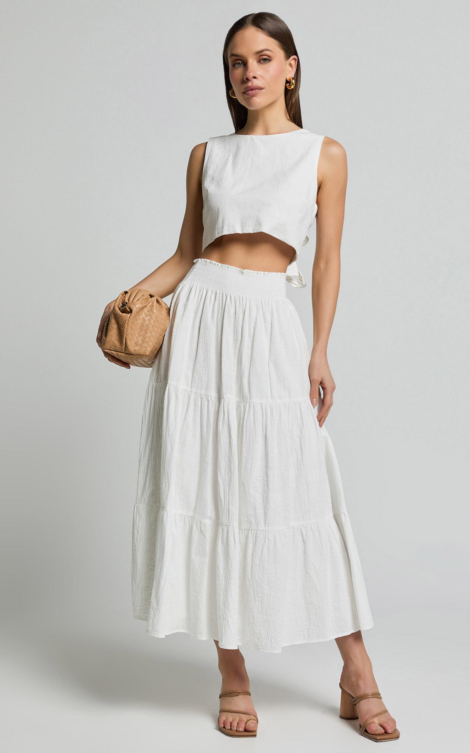 Ruby Midi Skirt - Shirred High Waist Cotton Tiered Skirt in Off White Product Image