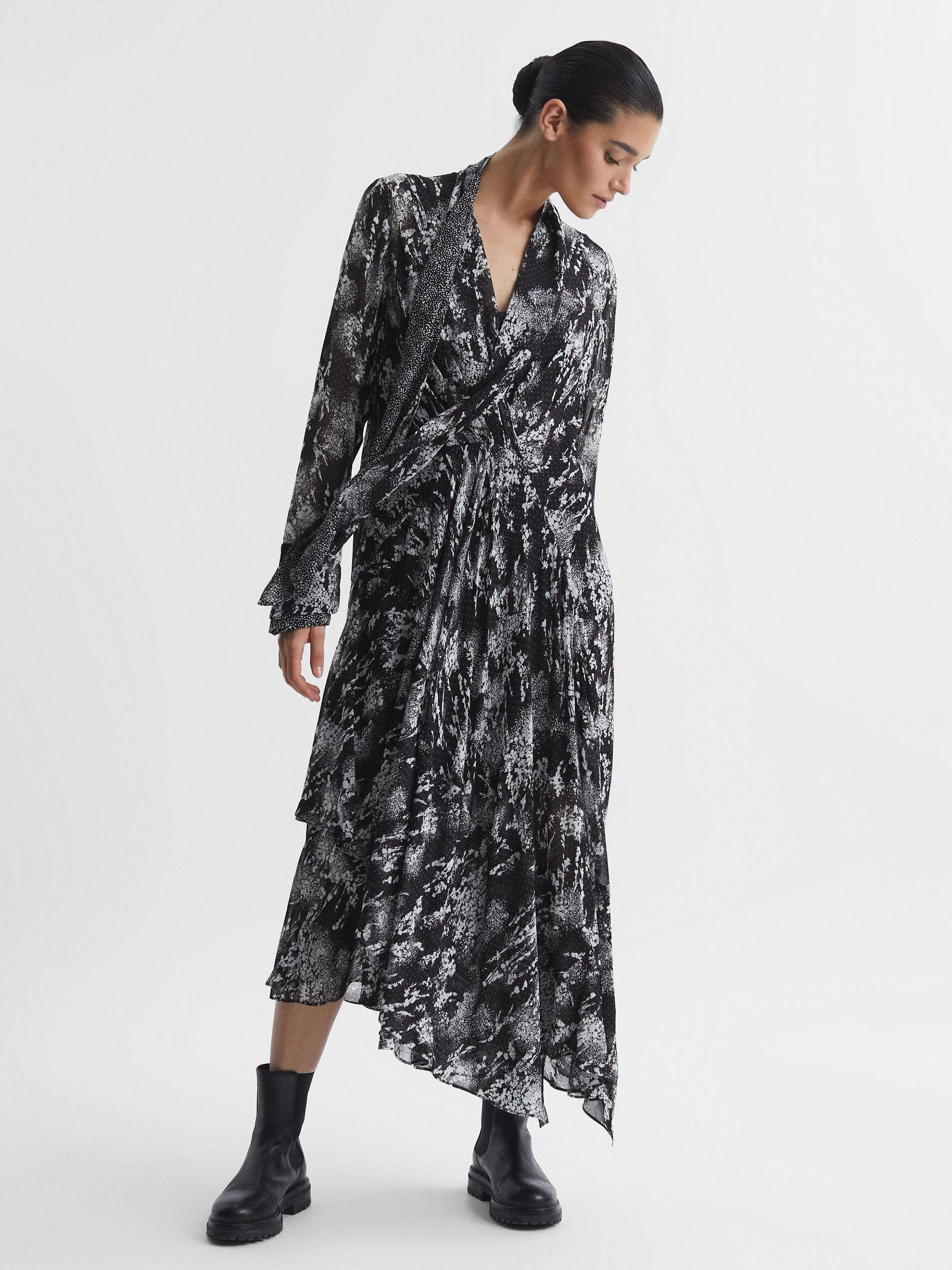 Belted Ruffle Printed Midi Dress in Black Product Image