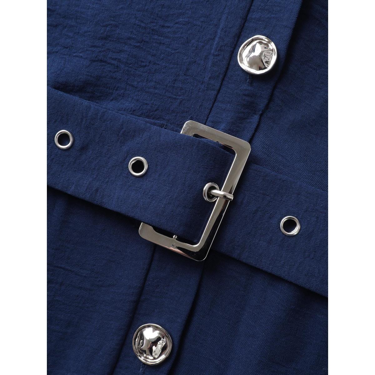 Plus Size Indigo Belted Waist-Cinched Wide-Leg Jumpsuit Women Office Sleeveless Shirt collar Office Loose Jumpsuits BloomChic 12/L Product Image