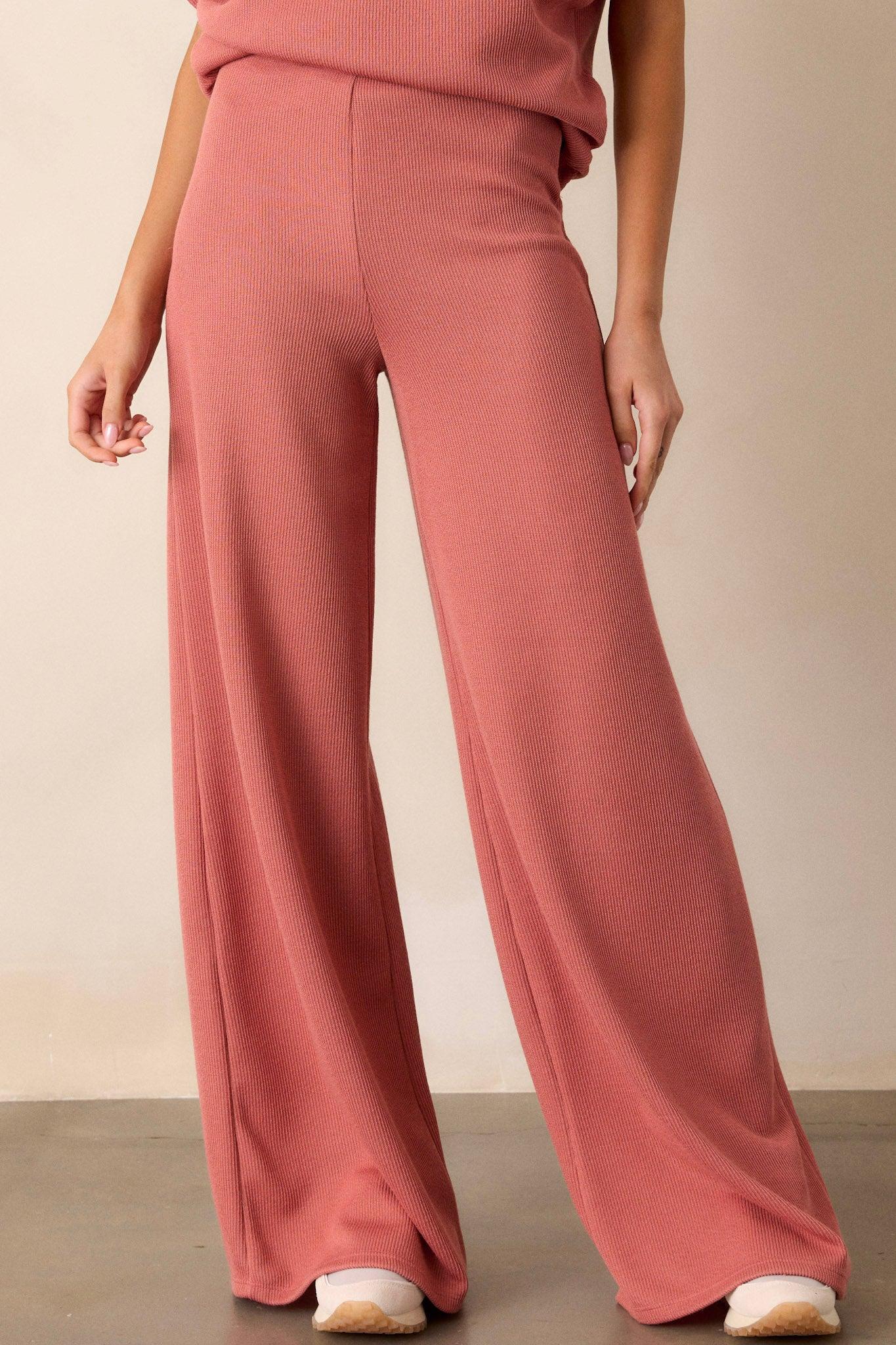 Waterfall Mist Pink Coral Knit Wide Leg Pants Product Image