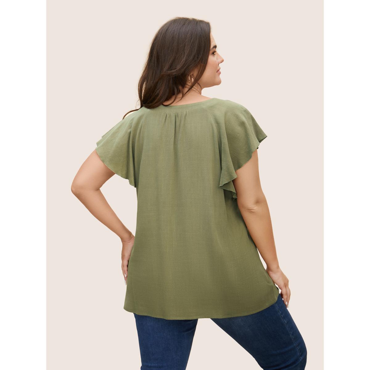 Plus Size ArmyGreen Linen Blend Gathered Ruffle Cap Sleeve Blouse Women Casual Cap Sleeve V-neck Everyday Blouses BloomChic 14-16/1X Product Image