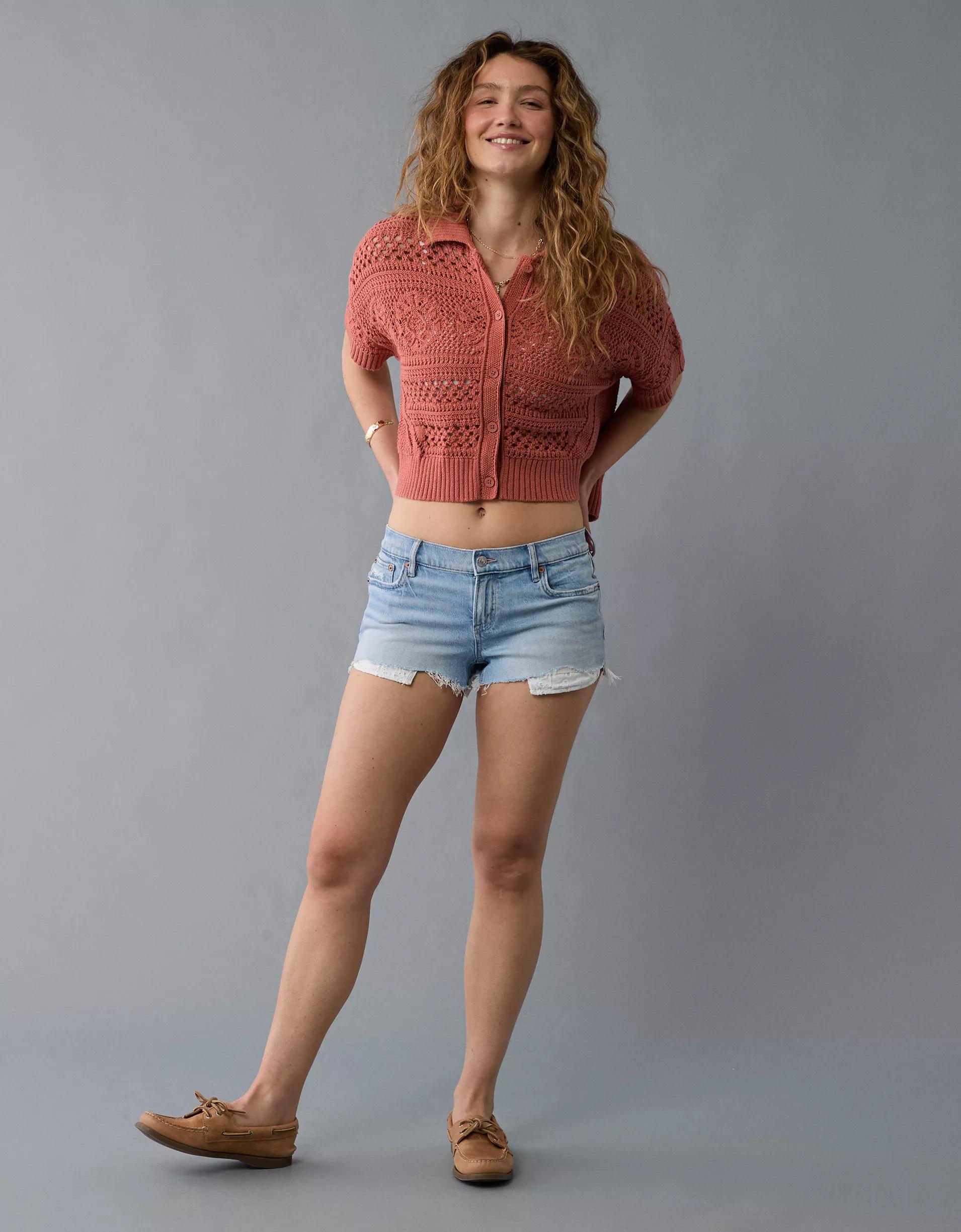 AE Crochet Button-Up Sweater Polo Shirt Product Image