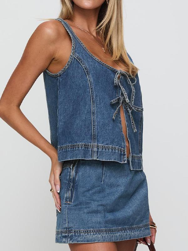 Sleeveless Lace-Up Denim Two Piece Product Image