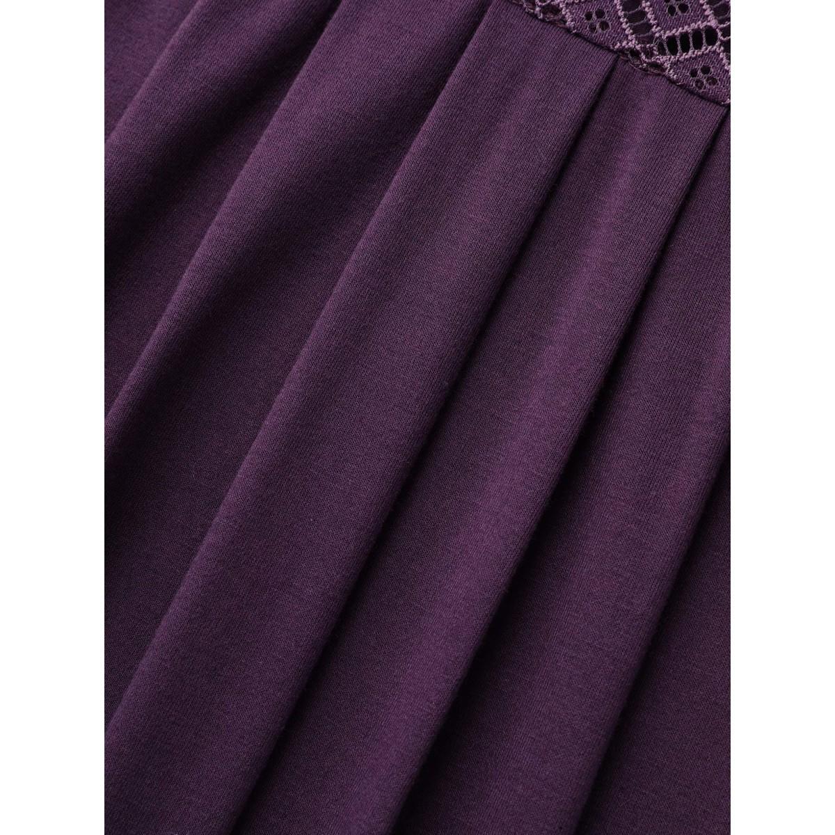 Plus Size Crew Neck Lace Detail Pleated T-Shirt Eggplant Women Elegant See through Round Neck Everyday T-shirts BloomChic 14-16/1X Product Image