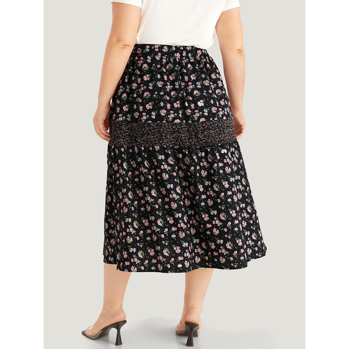 Plus Size Ditsy Floral Patchwork Elastic Waist Skirt Women BlackFlower Elegant Patchwork No stretch Pocket Dailywear Skirts BloomChic 28/5X Product Image