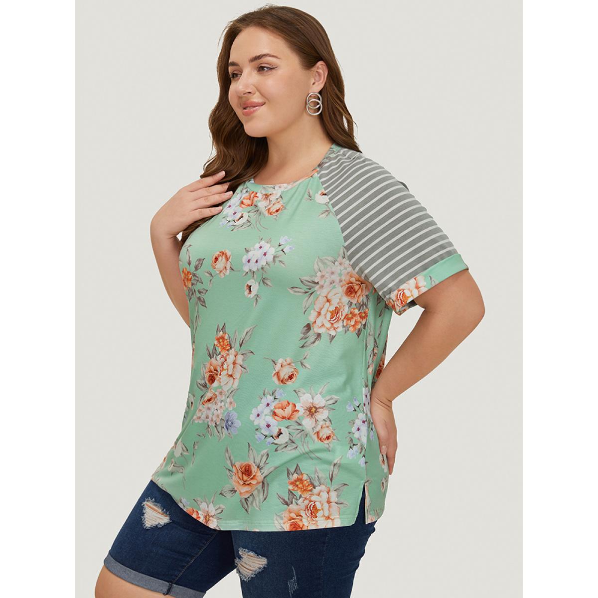 Plus Size Floral & Striped Print Patchwork Roll Raglan Sleeve T-shirt Mint Women Elegant Patchwork Striped Round Neck Dailywear T-shirts BloomChic 18-20/2X Product Image