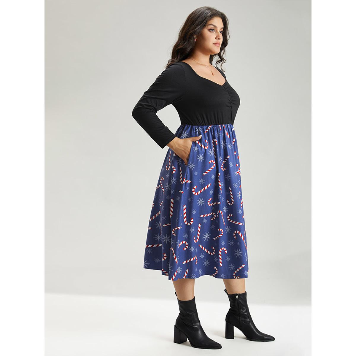 Plus Size Snowflake & Christmas Candy Print Pocket Ruched Dress DarkBlue Women Elegant Gathered Square Neck Long Sleeve Curvy Midi Dress BloomChic 30/6X Product Image