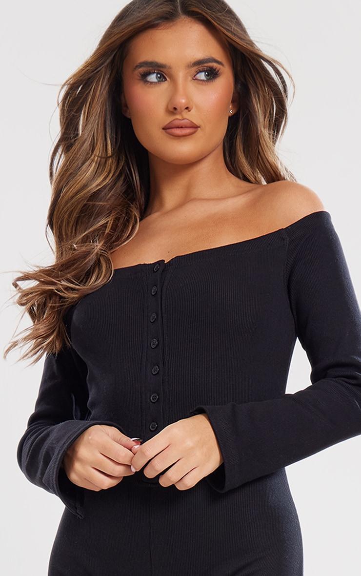 Black Off The Shoulder Button Front Ribbed Jumpsuit Product Image