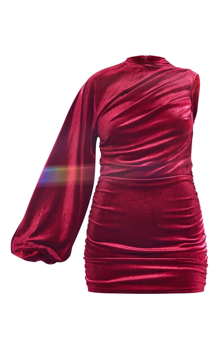 Cherry Red Velvet One Shoulder Ruched Detail Bodycon Dress Product Image