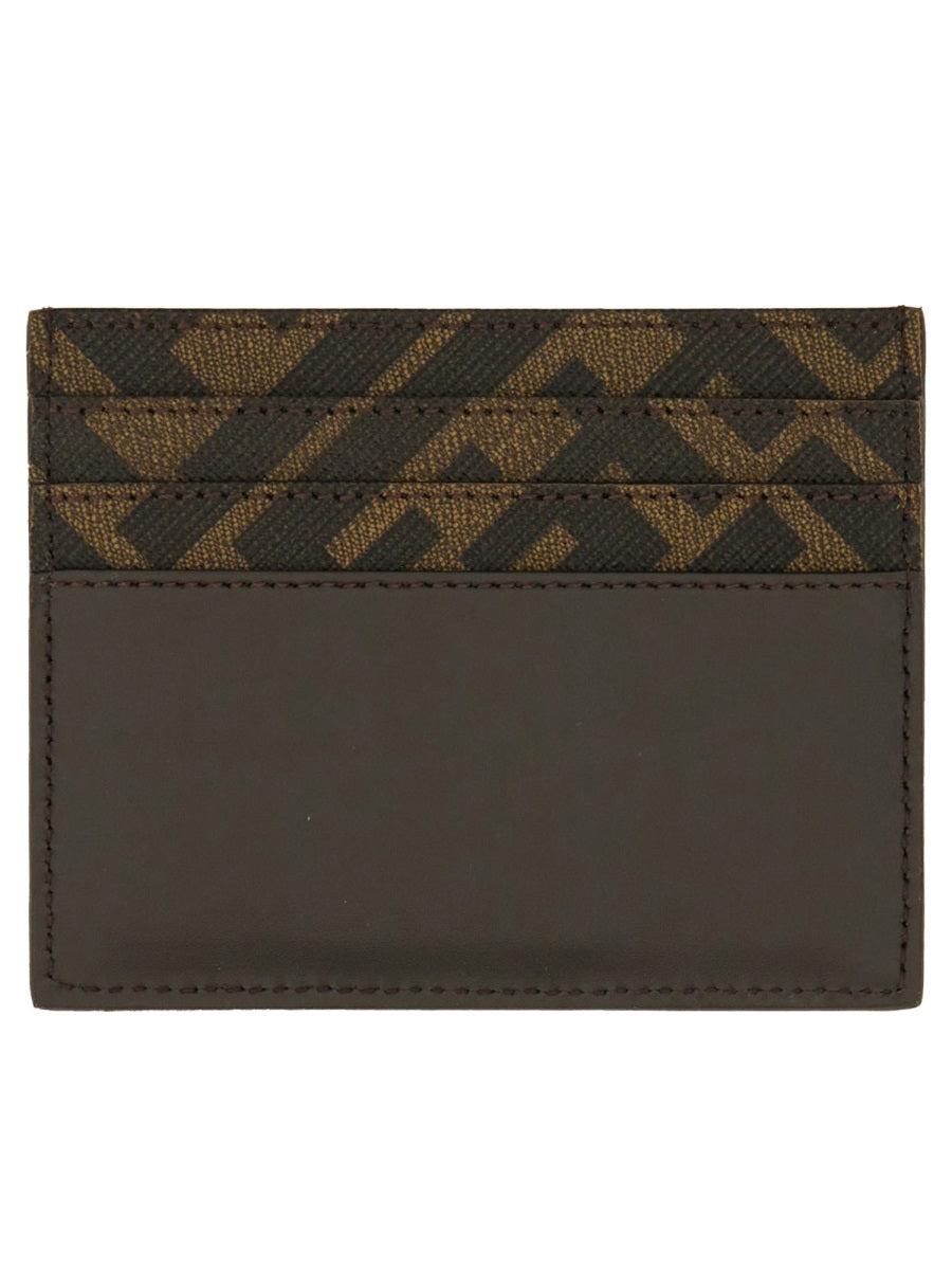 FENDI Brown Card-holder With Squared Ff Motif In Leather And Ff Canvas Man In Ebony Product Image
