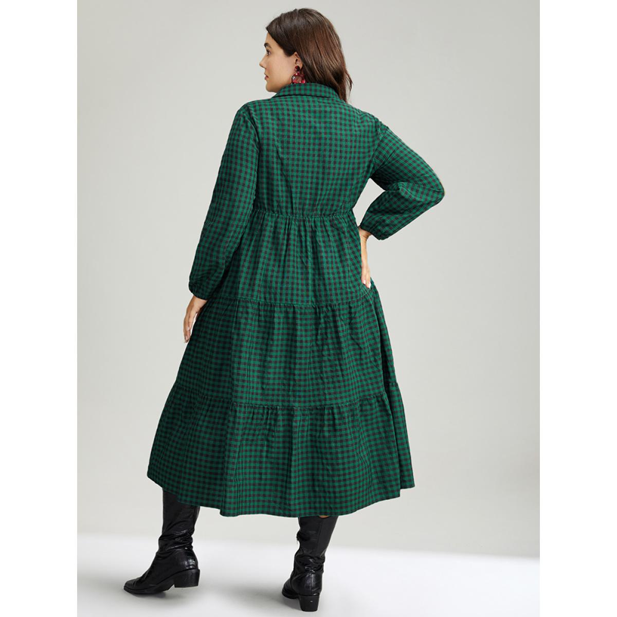 Plus Size Gingham Pocket Button Up Elastic Waist Dress DarkGreen Women Casual Elastic cuffs Shirt collar Long Sleeve Curvy Midi Dress BloomChic 22-24/3X Product Image