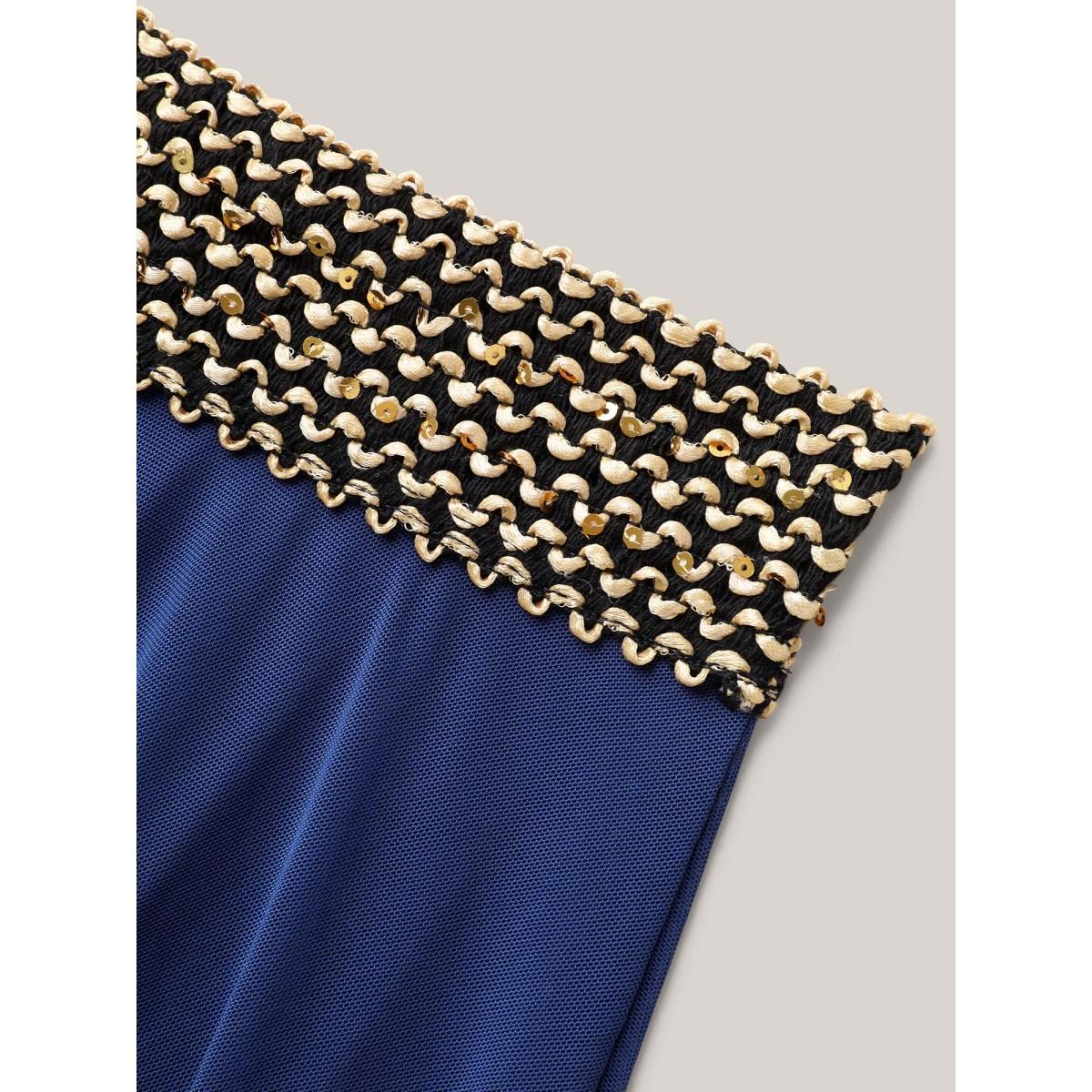 Plus Size 2-in-1 Embroidered Surplice Swim Dress Women's Swimwear Indigo Beach Bodycon Overlap Collar High stretch Curve Swim Dresses BloomChic 30/6X Product Image