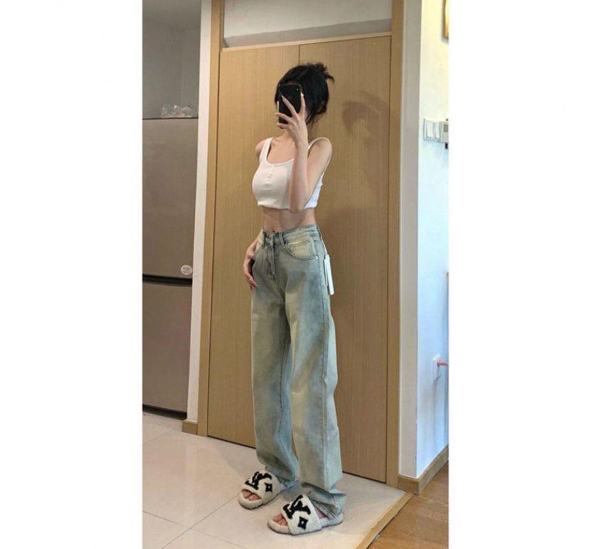 Mid Waist Washed Loose Fit Jeans Product Image