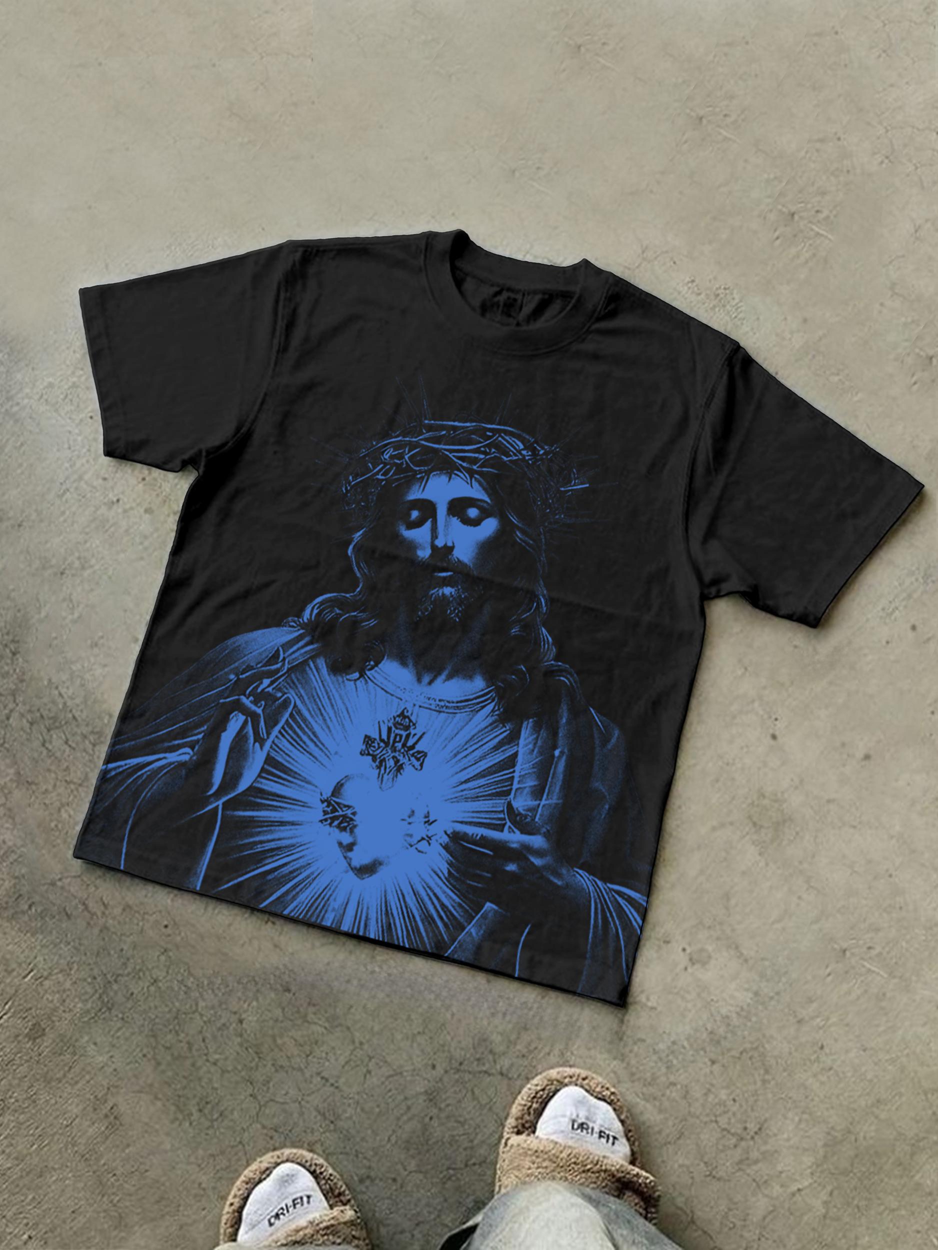 Vintage Jesus Print Round Neck Cotton T-Shirt Product Image