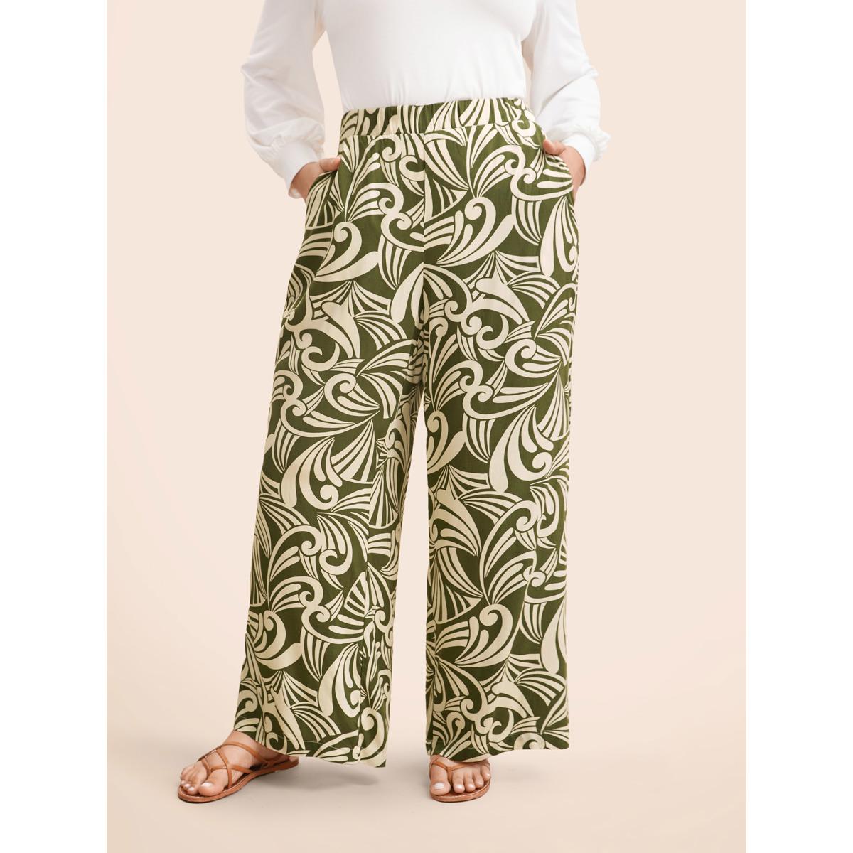 Plus Size Tropical Print Wide Leg Mid Rise Pants Women Moss Casual Wide Leg Mid Rise Everyday Pants BloomChic 28/5X Product Image