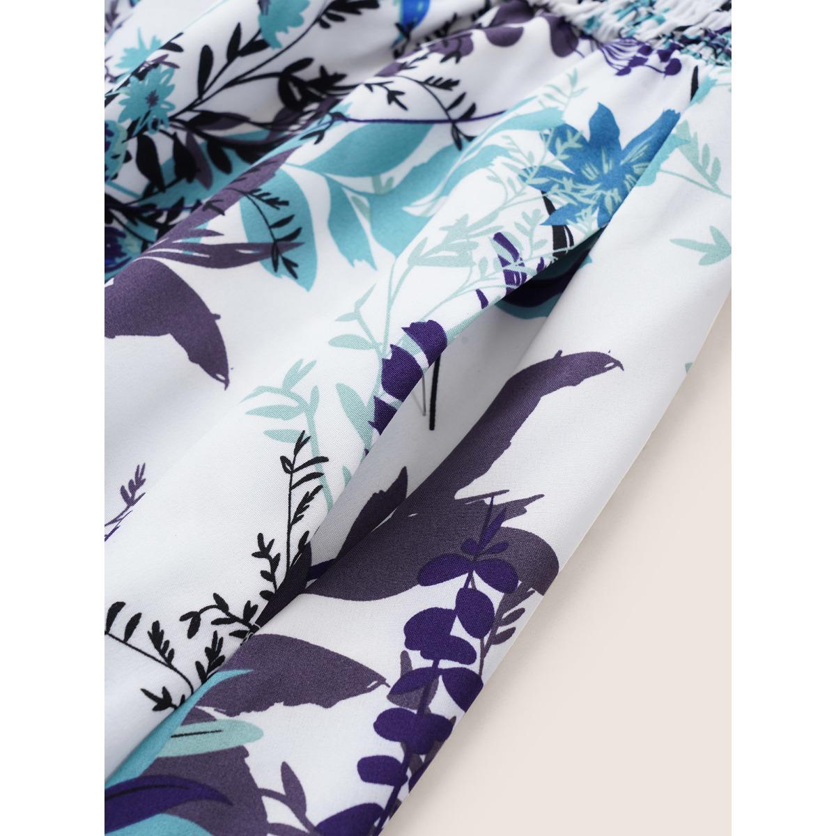 Plus Size Plants Print Shirred Elastic Waist Gathered Dress White Women Elegant Non V-neck Elbow-length sleeve Curvy Midi Dress BloomChic 18-20/2X Product Image