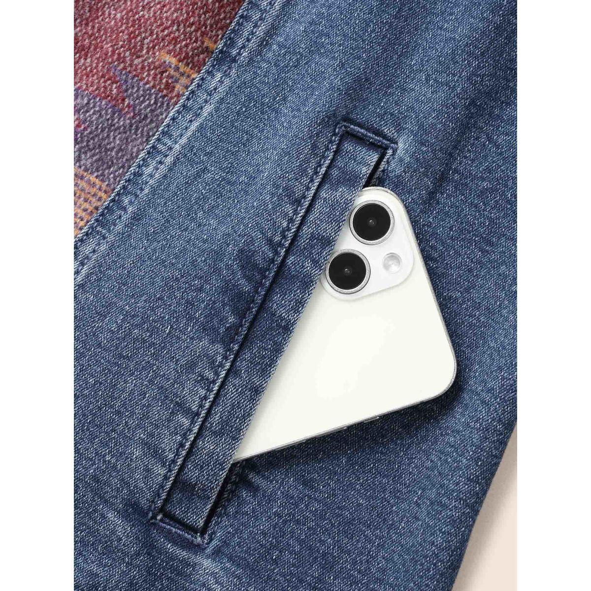 Women Stretch Denim Geometric Spilcing Pocket Jacket Midblue Plus Size Contrast Casual Slanted pocket Leisure Denim Jackets BloomChic 22-24/3X Product Image