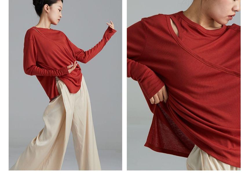 Long-Sleeve Crew Neck Plain Asymmetrical Dance Top Product Image
