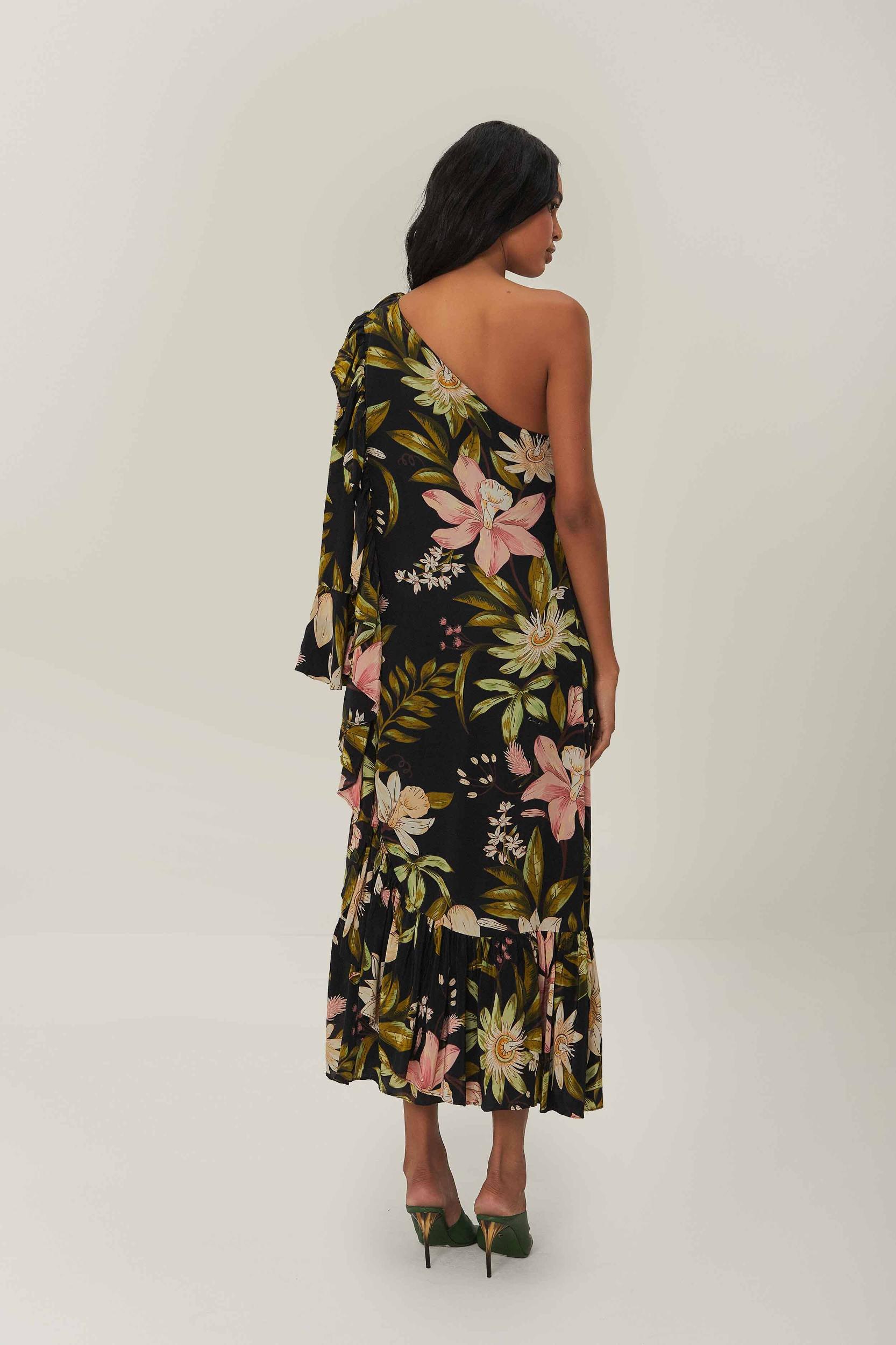 Black Surreal Flowers One-Shoulder Maxi Dress Product Image