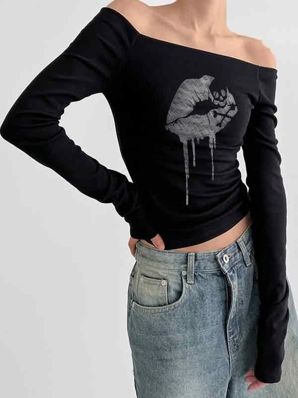 Off Shoulder Lip Skull Print Long Sleeve Tee Product Image