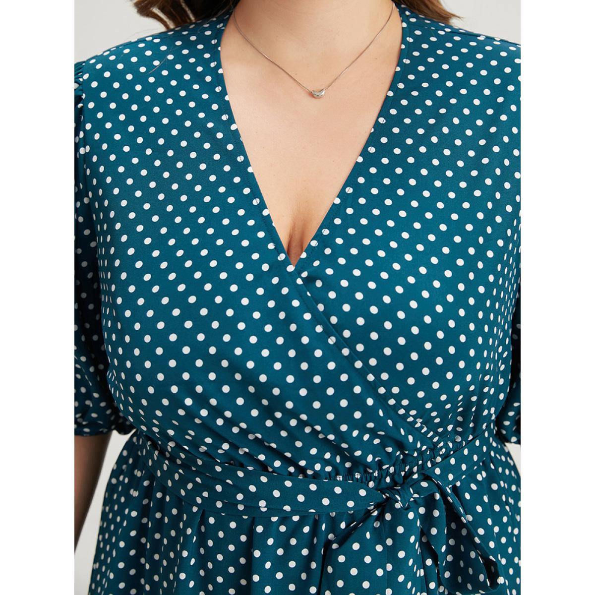 Plus Size Polka Dot Belted Lantern Sleeve Surplice Neck Dress Aegean Women Office Elastic cuffs V-neck Short sleeve Curvy Midi Dress BloomChic 14-16/1X Product Image