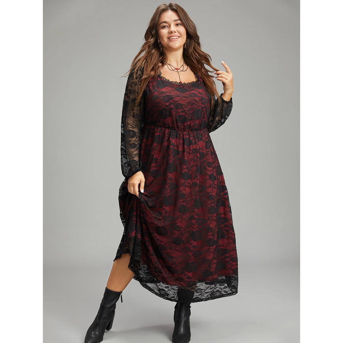 Plus Size Halloween Rose Crochet Lace Mesh Square Neck Dress Black Women Casual See through Square Neck Long Sleeve Curvy Midi Dress BloomChic 18-20/2X Product Image