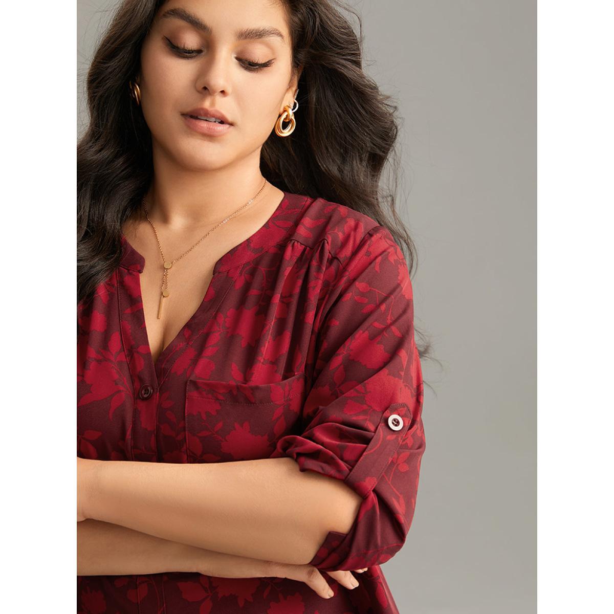 Plus Size Scarlet Silhouette Floral Print Gathered Tab Sleeve Blouse Women Elegant Long Sleeve Notched collar Party Blouses BloomChic 30/6X Product Image