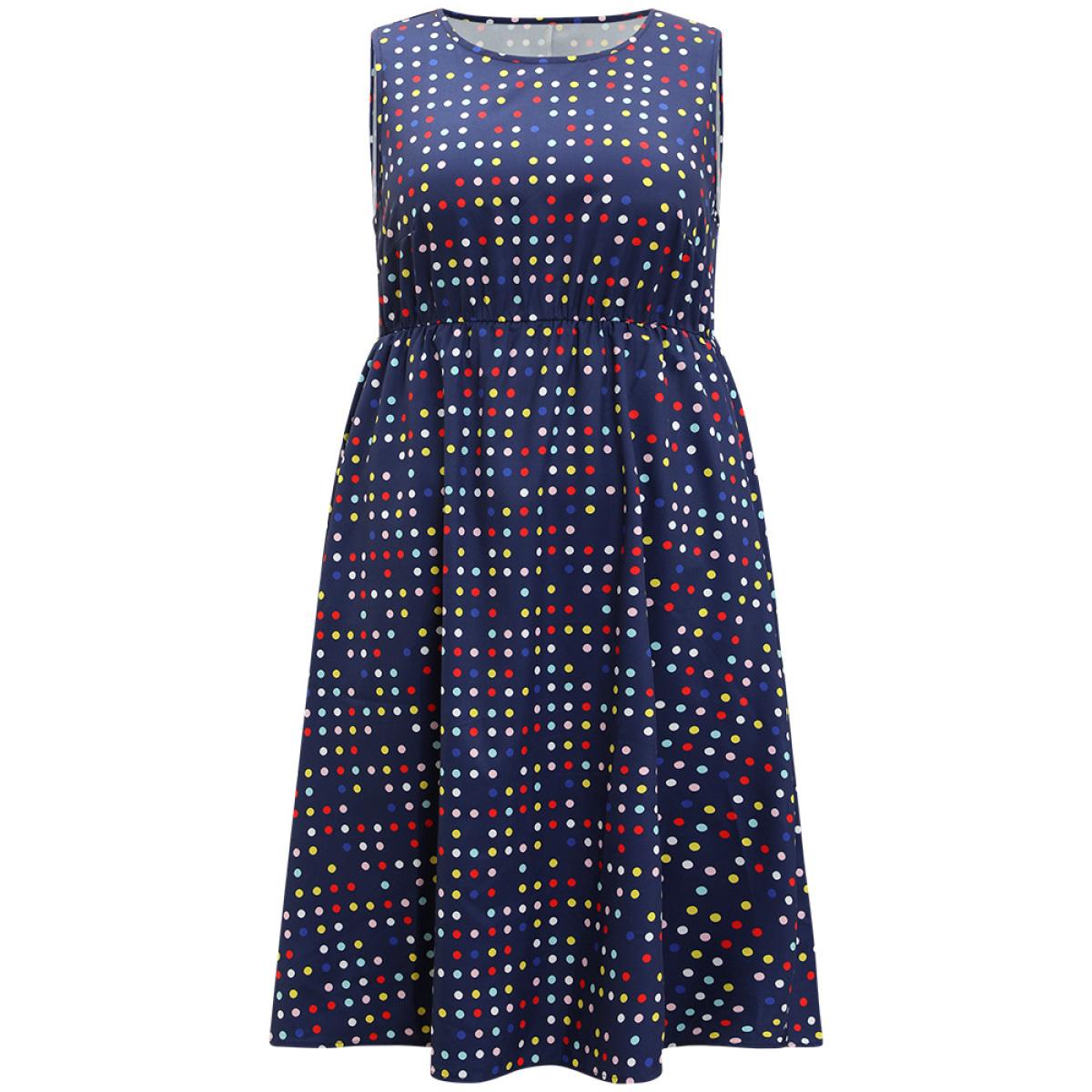 Plus Size Polka Dot Ruffle Hem Round Neck Pocket Tank Dress DarkBlue Women Elegant Elastic Waist Round Neck Sleeveless Curvy Midi Dress BloomChic 14-16/1X Product Image