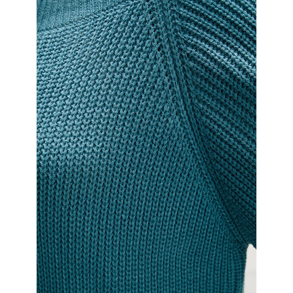 Plus Size Solid Pointelle Knit Lantern Sleeve Cold Shoulder Knit Top Aegean Women Casual Loose Long Sleeve Cold Shoulder Everyday Pullovers BloomChic 28/5X Product Image