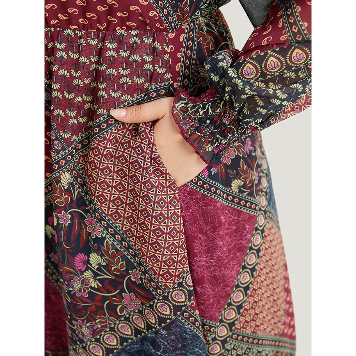 Plus Size Bandana Print Shirred Flutter Hem Dress Multicolor Women Vacation Elastic cuffs V-neck Long Sleeve Curvy Midi Dress BloomChic 18-20/2X Product Image