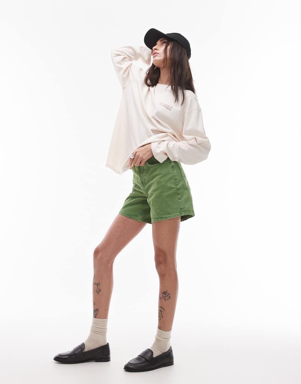 Topshop denim shorts in green Product Image