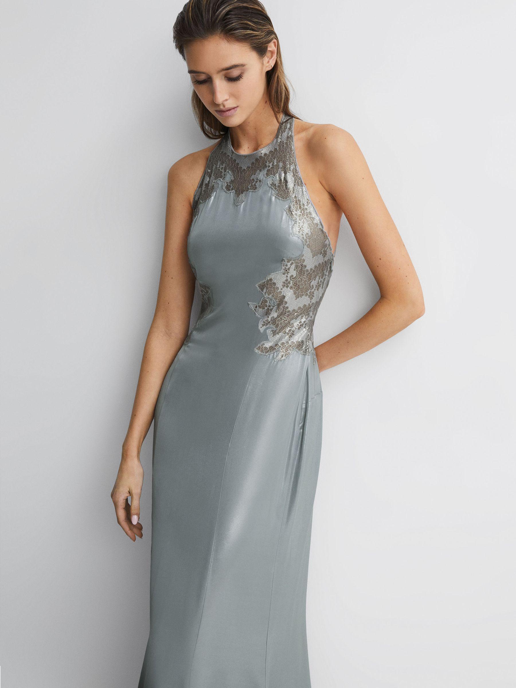 Fitted Lace Halter Neck Maxi Dress in Silver Product Image