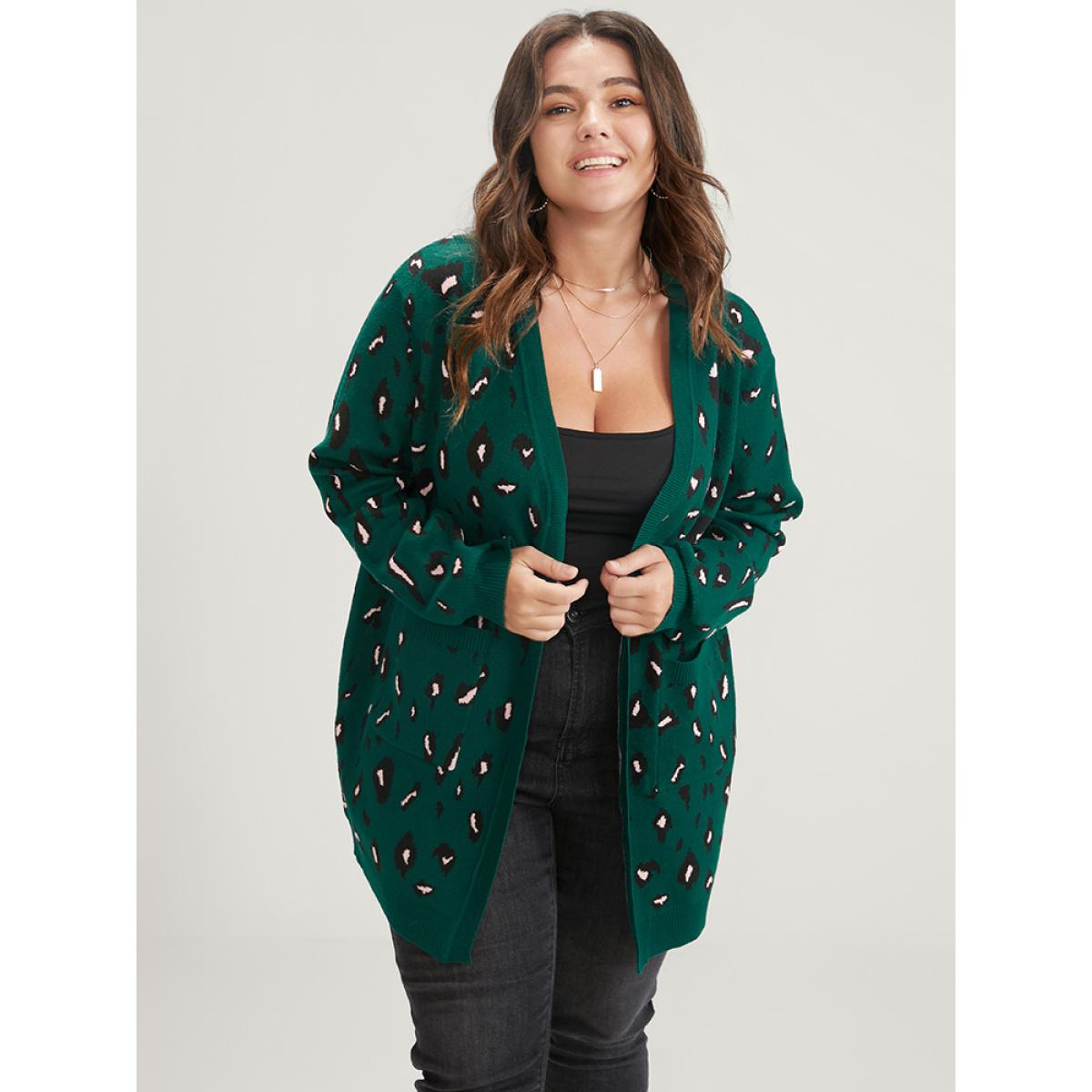 Plus Size Leopard Super Soft Knit Pocket Jacquard Open Front Cardigan DarkGreen Women Casual Long Sleeve Dailywear Cardigans BloomChic 28/5X Product Image