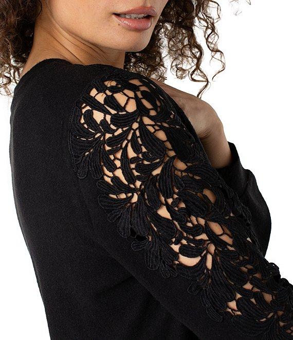 Liverpool Los Angeles Petite Size Crew Neck Long Soft Lace Inset Sleeve Top Product Image