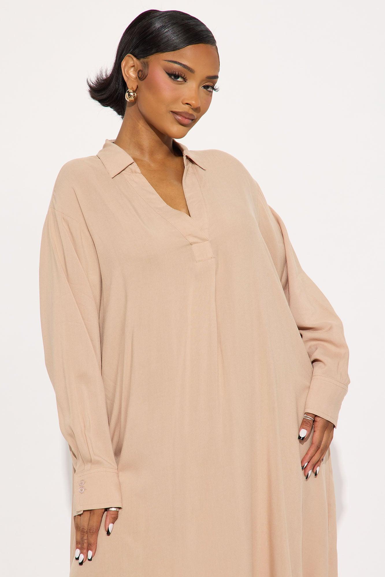 Beach Stroll Long Sleeve Shirt Midi Dress - Mocha Female Product Image
