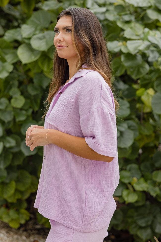 Let Me Adore You Short Sleeve Purple Button Front Gauze Blouse Product Image