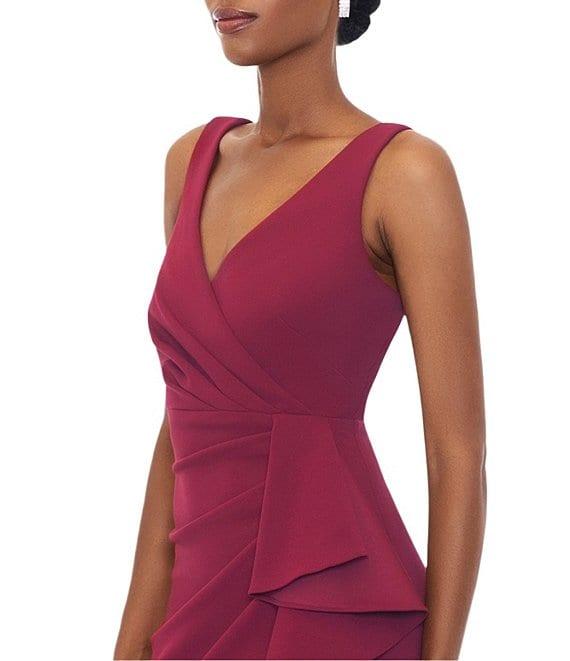 Betsy & Adam Sleeveless V-Neck Spiral Ruffle Cascade Gown Product Image