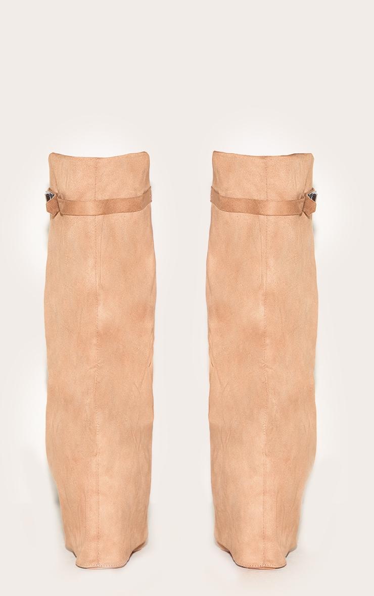 Camel Faux Suede Point Toe Fold Over Knee Block Heeled Boots Product Image