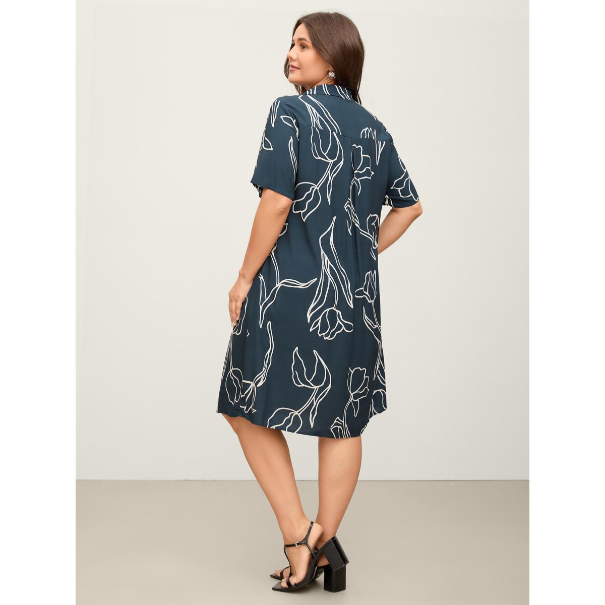 Plus Size Floral Print Cinched Flared Knee-Length Dress DarkBlue Women Office Shirt collar Short sleeve Curvy BloomChic 14-16/1X Product Image
